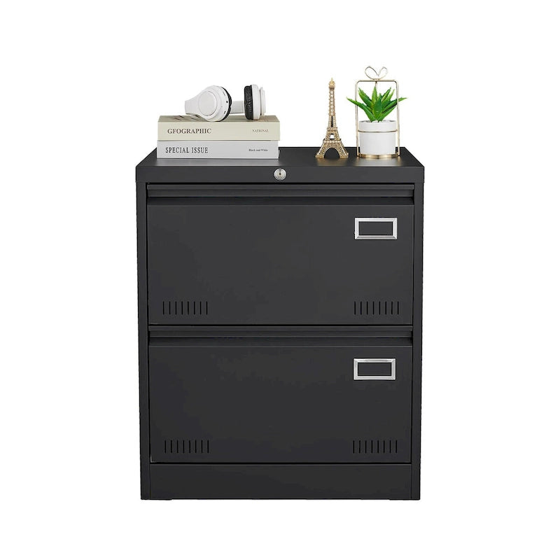 2-Drawer Metal Lateral File Cabinet with Lock, Black, Heavy-Duty Office Storage