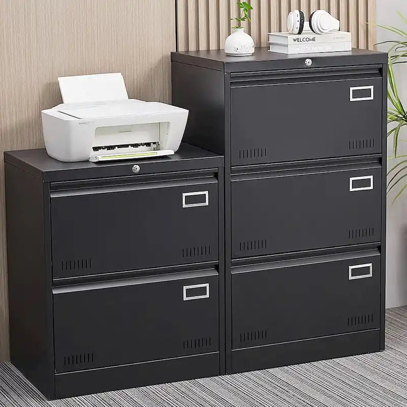 2-Drawer Metal Lateral File Cabinet with Lock, Black, Heavy-Duty Office Storage