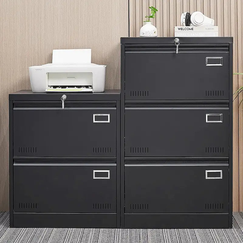 2-Drawer Metal Lateral File Cabinet with Lock, Black, Heavy-Duty Office Storage