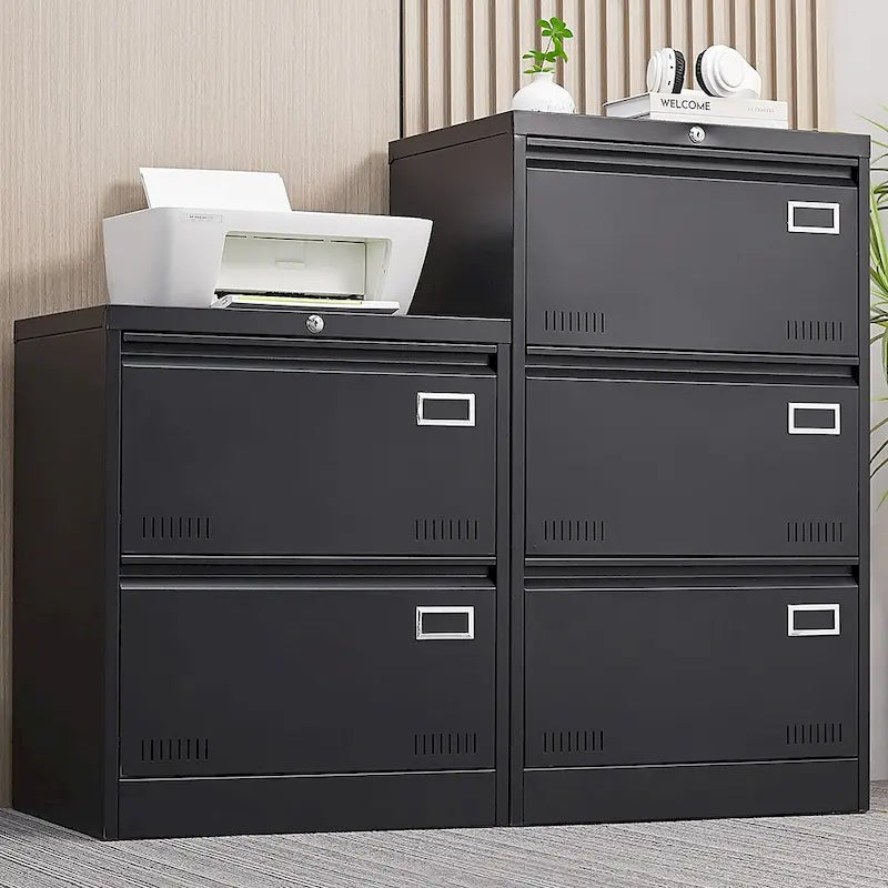 2-Drawer Metal Lateral File Cabinet with Lock, Black, Heavy-Duty Office Storage