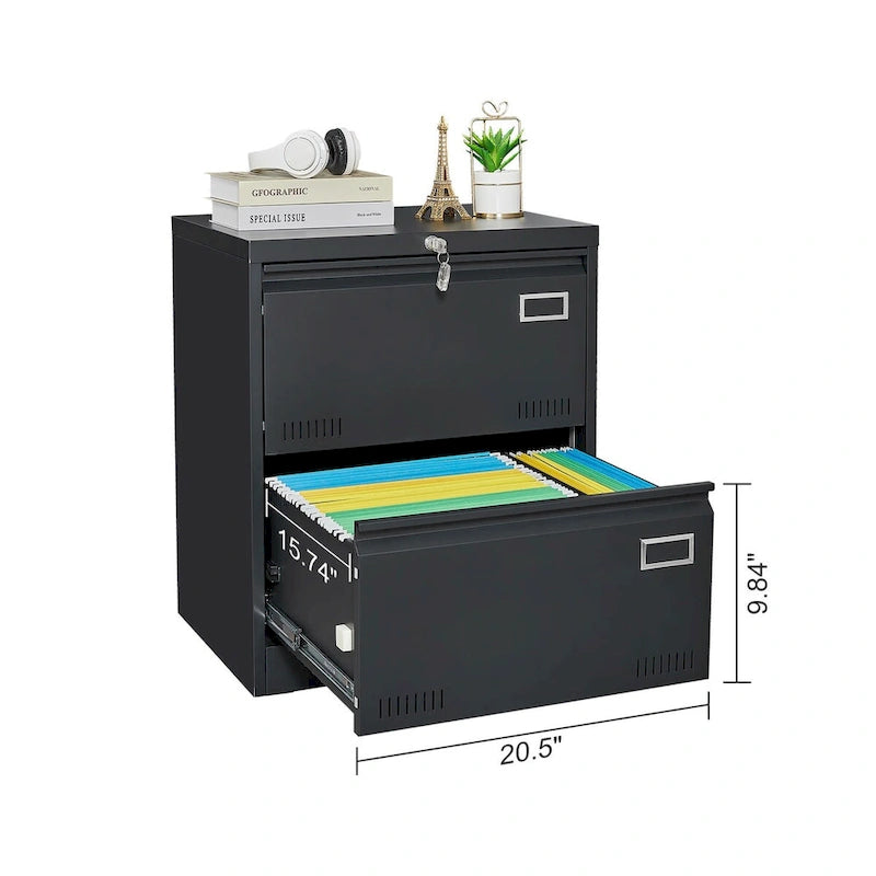 2-Drawer Metal Lateral File Cabinet with Lock, Black, Heavy-Duty Office Storage