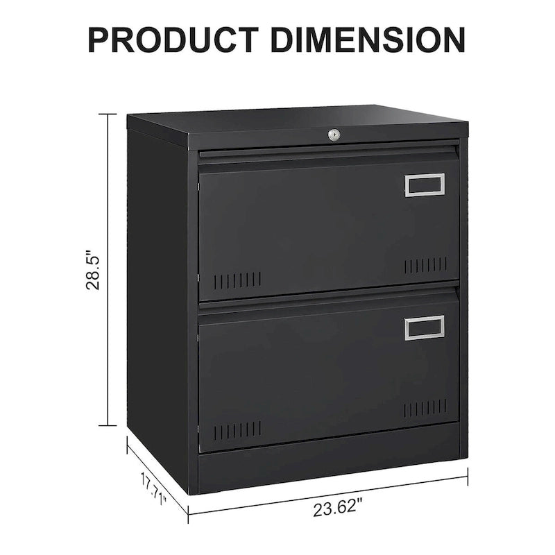 2-Drawer Metal Lateral File Cabinet with Lock, Black, Heavy-Duty Office Storage