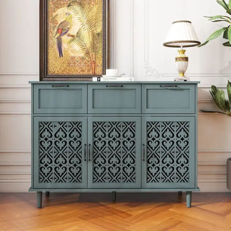 Dark Green 3-Door 3-Drawer Storage Cabinet with Carved Hollow Doors and Black Metal Handles