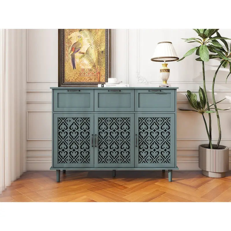 Dark Green 3-Door 3-Drawer Storage Cabinet with Carved Hollow Doors and Black Metal Handles