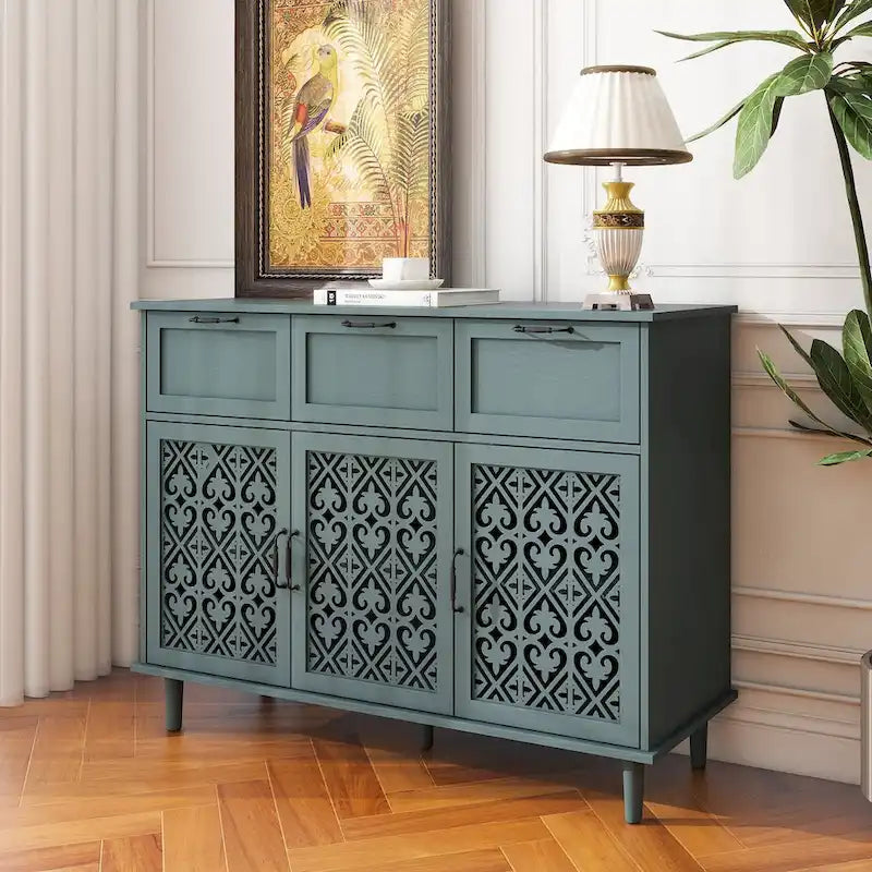 Dark Green 3-Door 3-Drawer Storage Cabinet with Carved Hollow Doors and Black Metal Handles
