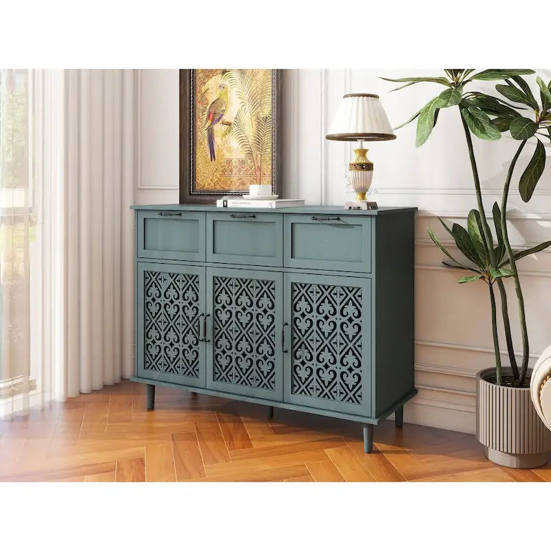 Dark Green 3-Door 3-Drawer Storage Cabinet with Carved Hollow Doors and Black Metal Handles