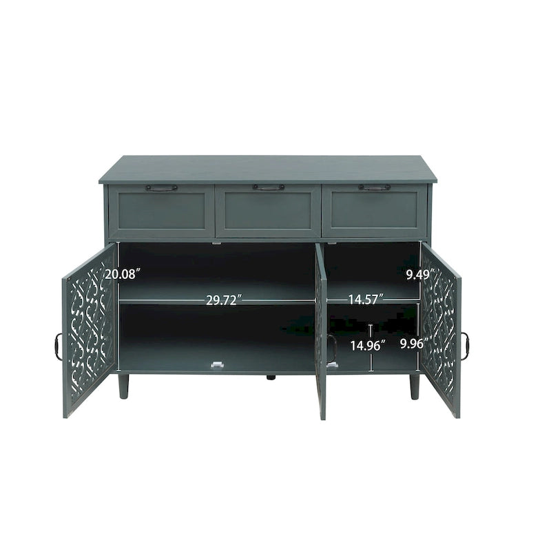 Meuble de rangement vert foncé à 3 portes et 3 tiroirs, avec portes ajourées sculptées et poignées en métal noir