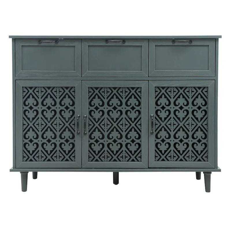 Meuble de rangement vert foncé à 3 portes et 3 tiroirs, avec portes ajourées sculptées et poignées en métal noir
