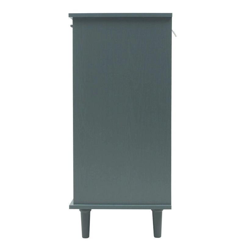 Meuble de rangement vert foncé à 3 portes et 3 tiroirs, avec portes ajourées sculptées et poignées en métal noir