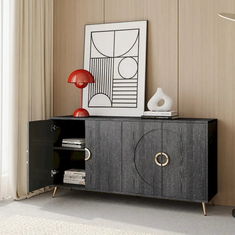 Credenza contenitore moderna con ripiani regolabili, nera effetto champagne anticata