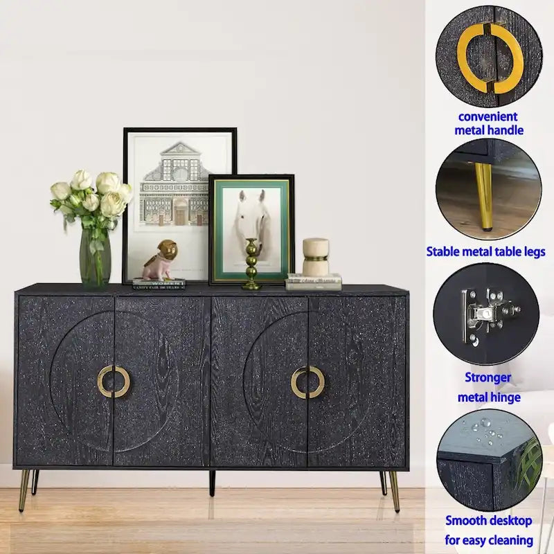 Credenza contenitore moderna con ripiani regolabili, nera effetto champagne anticata