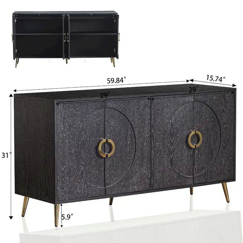 Credenza contenitore moderna con ripiani regolabili, nera effetto champagne anticata