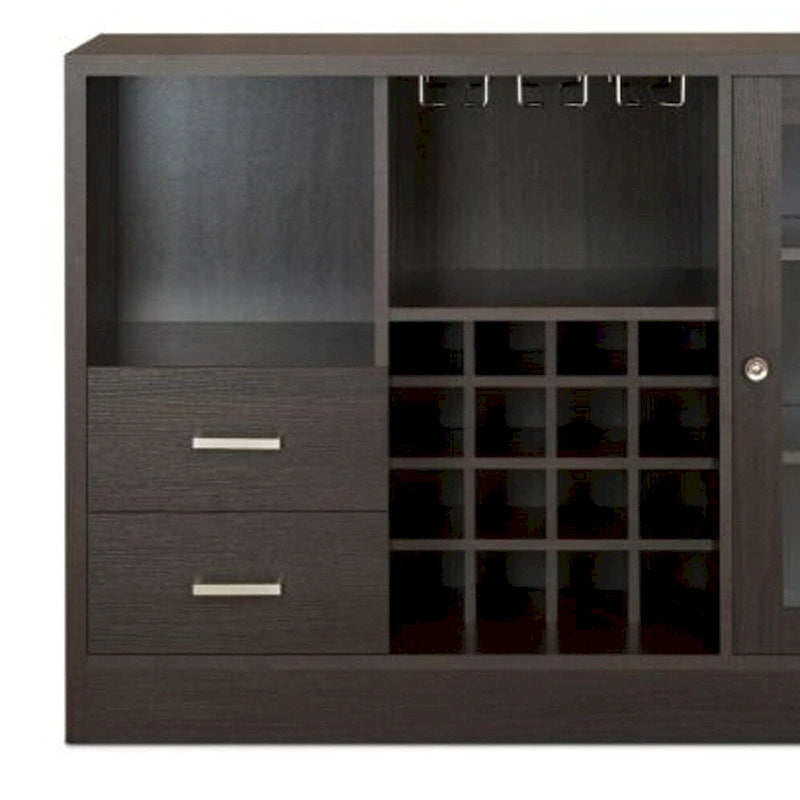 Espresso Bar Cabinet with Wine Rack, Two Drawers and Glass Door