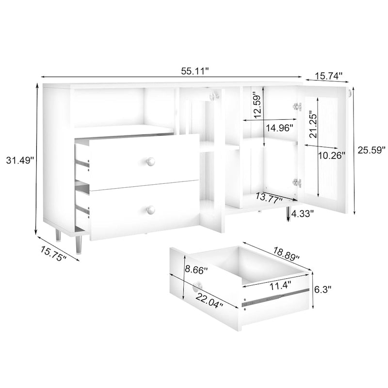 White Storage Sideboard Cabinet with Glass Doors Drawers Gold Handles