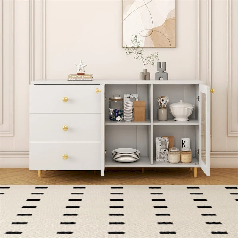 White Storage Sideboard Cabinet with Glass Doors Drawers Gold Handles